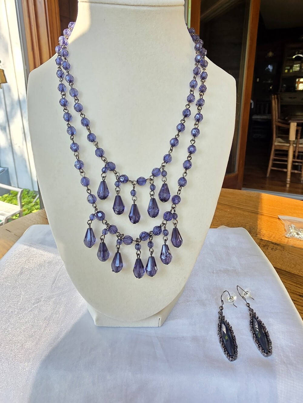 💎Set - Vintage Blue Beaded Dbl Strand Necklace & Earrings